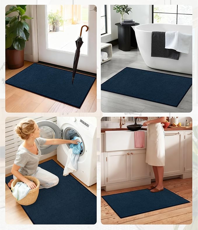 YIHOUSE Bathroom Rugs Mats Sets 3 Pieces, Ultra Thin Bath Mat Absorbent Non Slip Bath Rugs for Bathroom Washable, Shower, Sink, Laundry (Dark Blue, 3 Pieces)