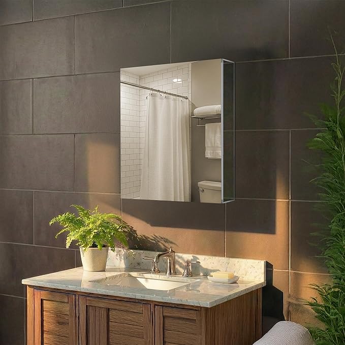 Fine Fixtures Bathroom Medicine Cabinet, Aluminum, Recessed/Surface Mount, 24" x 24", Right/Left Hinged, Mirrored Interior