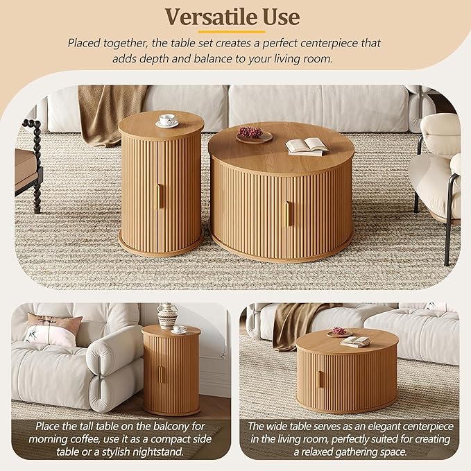 Merax Mid Century Coffee Table Set with Sliding Tambour Door, Round Coffee Table with Storage, Fluted Accent Center Tables for Living Room, Office, Small Space, Natural