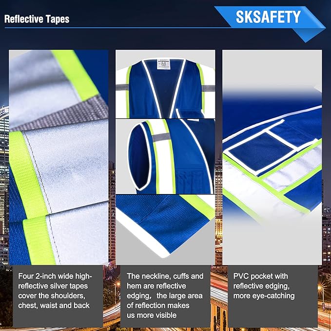 SKSAFETY 10 Pockets Safety Vest, Class 2 High Visibility Security with Zipper, Hi Vis Vest with Reflective Strips, ANSI/ISEA Standard, Construction Work Vest for Men ＆ Women （Blue, 5XL）