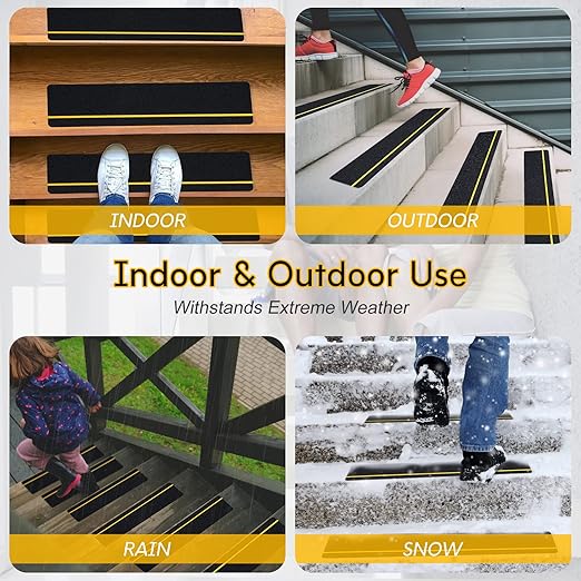 S&X Outdoor Stair Treads Non-Slip, 6" x 24" Anti-Slip Tape with Reflective Stripe, Black, 12-Pack