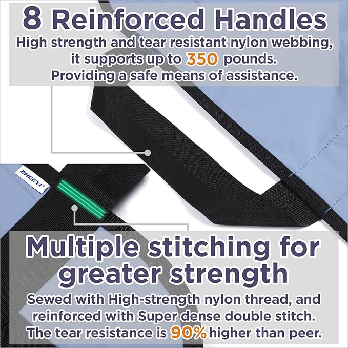 Positioning Bed Pad with Reinforced Handles 43" x 36" Patient Transfer Sheet Aid Assistant for Body Lifting, Turning, Repositioning, for Elderly, Incontinence, Caregiver, Blue Gray