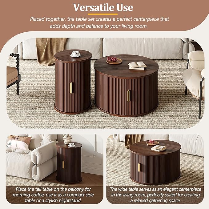 Merax Round Coffee Table Set with Storage, Fluted Center Tables with Sliding Cabinet Door for Living Room, Home, Office, Small Center Table,Walnut