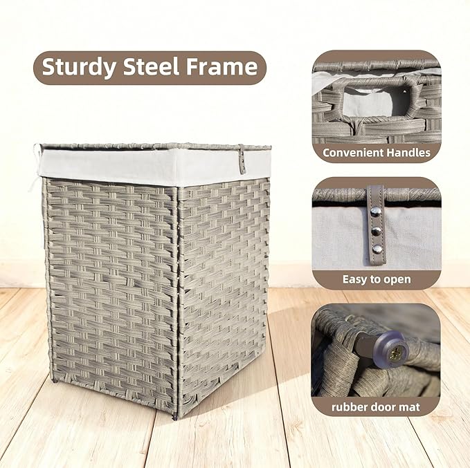 90L Foldable Outdoor Wicker Storage Basket with Lid - Patio Storage Hamper with Removable,Machine Washable 2-Compartment Liner & Handles for Clothes,Pillows,Bedding(Gray)