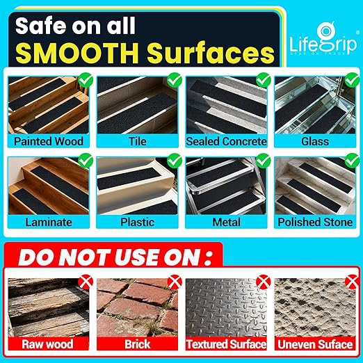 LifeGrip Anti Slip Traction Treads (10-Pack), 6 inch X 30 inch, Best Grip Tape Grit Non Slip, Outdoor Non Skid Tape, High Traction Friction Abrasive Adhesive for Stairs Step, Black (6" X 30" X 10P)