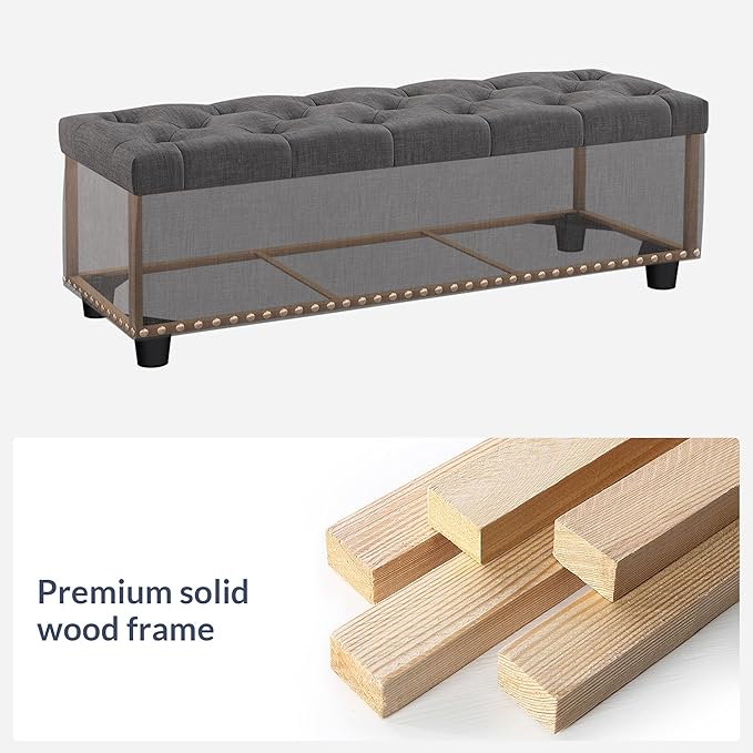BELLEZE 47" Storage Ottoman, Storage Bench with Safety Close Hinge, Faux Leather Button-Tufted Ottoman for Living Room, Entryway, Hallway, Foot Rest, Support 300lbs - Dark Gray