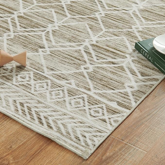 jinchan Moroccan 8x10 Area Rugs for Living Room - Machine Washable Modern Geometric Stain Resistant Ultra-Thin Low-Pile Large Rug Non-Slip Carpet for Bedroom Kitchen Dining Room (8x10ft,Taupe)