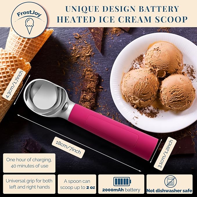 Heated Ice Cream Scoop Rechargeable, Electric Warming Ice Cream Scooper with LED Display, Heats to 158°F for Hard Ice Cream, Easy for Seniors & Kids, IP67 Waterproof (Hot Pink, 2oz)