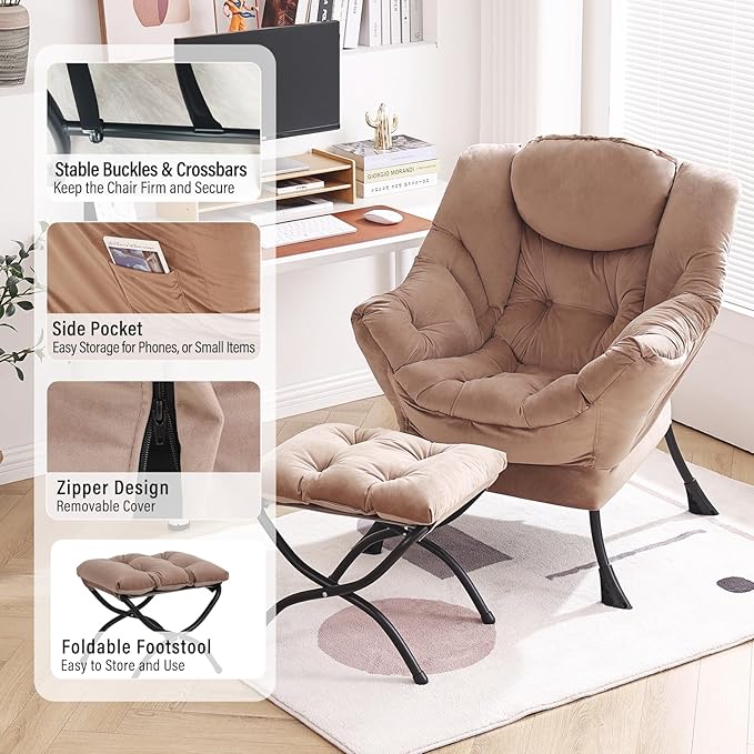 Lazy Chair with Ottoman, Modern Chair with Folding Footrest, Lounge Accent Chair, Comfortable Reading Chair, Oversized Armchairs for Bedroom, Study, Living Room, Courtyard (Khaki)