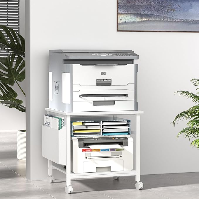 Large Printer Stand, 23.6 x 23.6 Inches Square Printer Stand with Storage Shelf, 2 Tier Printer Table for Home Office, Rolling Printer Cart with Lockable Wheels, Mobile Mini Fridge Stand Table, White