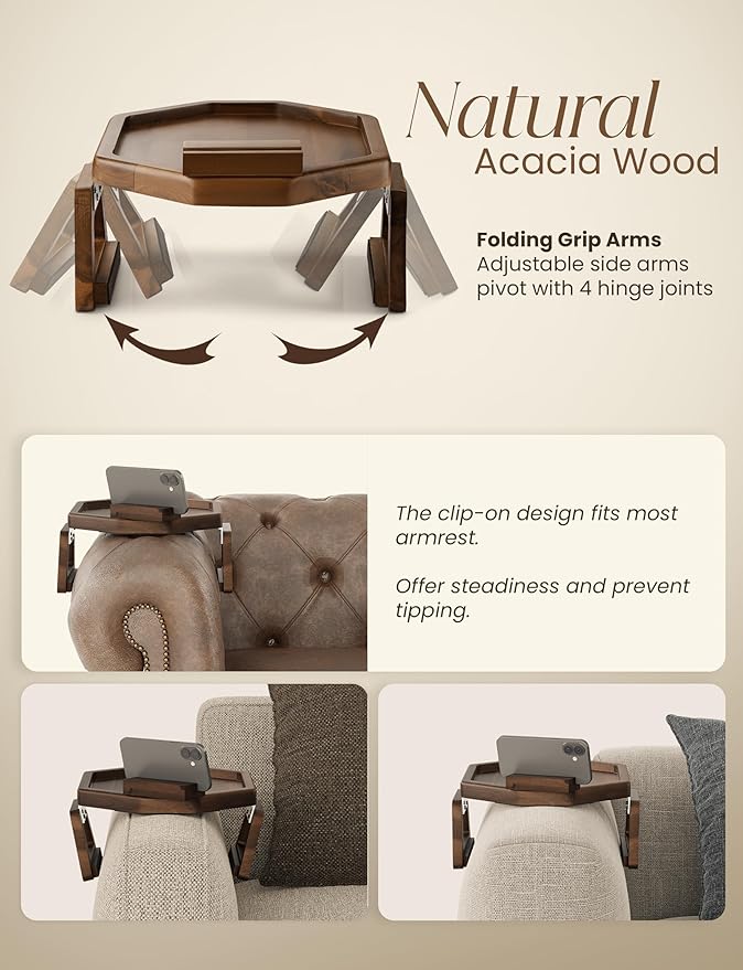 Tinamo Octagonal Acacia Sofa Arm Tray, Couch Armrest Table with Folding Arms - Armchair Caddy, Clip on Tray with Adjustable Arm Hinges for Home Sofa Living Room (Walnut, Octagon Phone Holder)
