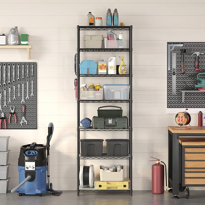 SONGMICS 7-Tier Storage Unit, Wire Shelving, Kitchen Metal Rack With Adjustable Shelves, Shelf Liners, 8 Hooks, for Garage, 13.4 x 23.2 x 70.9 Inches, Black ULGR067B01