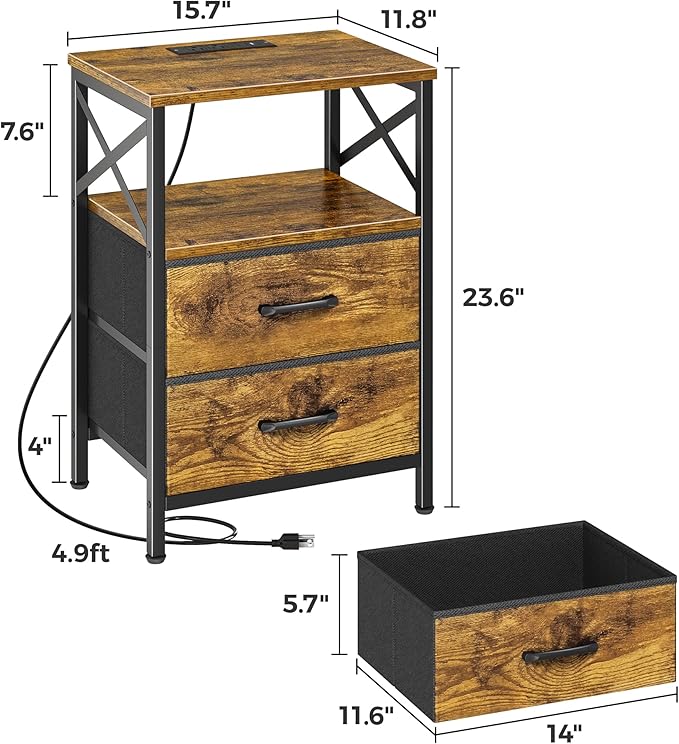 Huuger Night Stand with Charger Station, 2 Drawer Nightstand with Open Shelf, Bed Side Table with USB-C Port, End Table, Compact Size for Small Spaces, X Shaped Side Rail, Brown