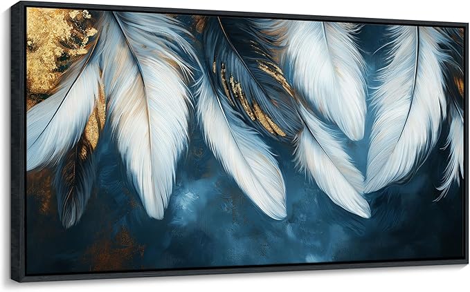 Mofutinpo Blue and Gold Wall Art Framed Navy Blue Decor for Living Room Feather Canvas Art Wall Decor, Blue Bedroom Wall Decor Above Bed Pictures, Painting - Artwork for Walls 29×58IN