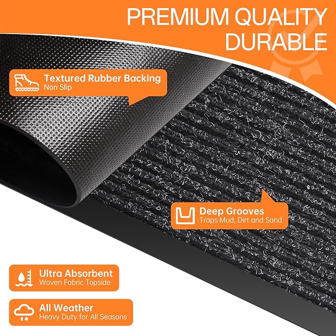Indoor Outdoor Door Mat, 5' x 3' Doormat for Entryway, Rubber Backing Non Slip Front Door Mat Outside Entrance, Super Absorbent Commercial Floor Mat for Home Office, Black