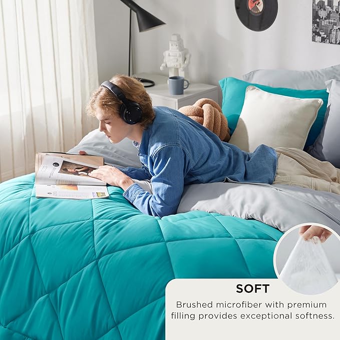 Bedsure King Size Comforter Set - 7 Pieces Reversible Teal Bedding, King Size Bed Set for All Seasons, Bed in a Bag with Down Alternative Comforter, Sheets, Pillowcases & Shams