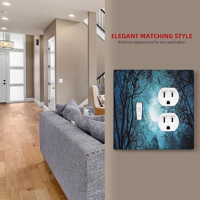 Decorative Light Switch Cover Plate Teal Full Moon Forest Turquoise 2 Gang Outlet Covers 1 Toggle 1 Duplex Wall Plate Decorate Electrical Switch Plate Covers for Bathroom Bedroom Decor