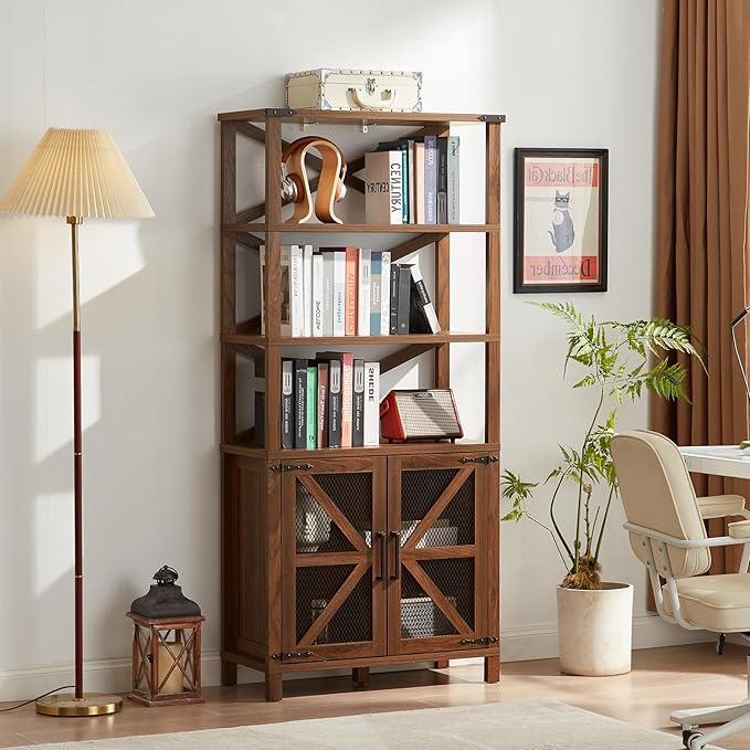 5 Tier Bookshelf 70" Tall Bookcase with Barn Doors,Large Farmhouse Display Book Shelf with Adjustable Shelves and Storage Cabinet，Library Wood Bookshelves for Living Room,Kitchen,Brown(3PCS)