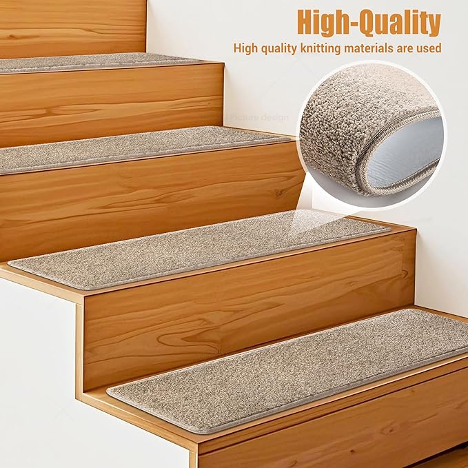 PURE ERA Carpet Stair Treads Tape Free Non Slip Indoor Stair Carpet Stair Protectors Pet-Friendly Non-Slip Skid Resistant Washable Reusable 8" x 30"(14 Pieces,Cream Gray)