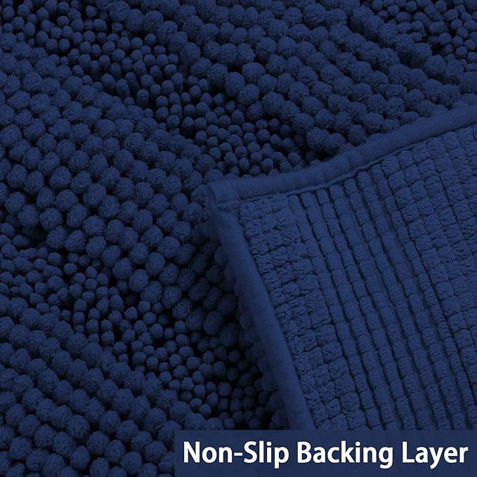 Turquoize Plush Chenille Bathroom Runner 47"x 17" Blue Non Slip Shower Mat, Extra Soft and Absorbent Thick Shaggy Shaggy Rug for Tub, Navy