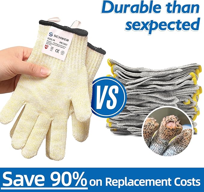 Schwer SlicePro ANSI A9 Cut Resistant Gloves, Food Grade Cutting Glove, Mandoline Gloves for Kitchen, Oyster Shucking, 2 Pairs, XL, Beige