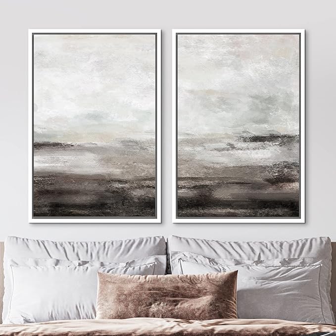MUDECOR Framed Wall Art Print Set Brown and Gray Grunge Paint Stroke Landscape Abstract Shapes Illustrations Modern Minimalist Chic Relax/Calm for Living Room, Bedroom, Office - 24"x36"x2 White