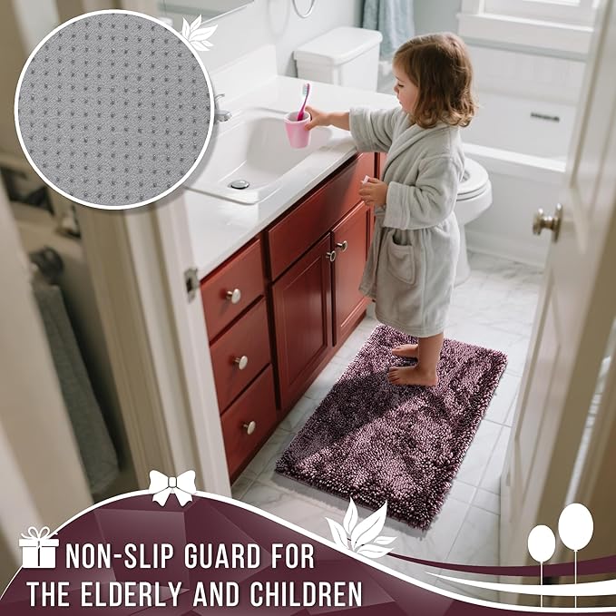 Yimobra Bathroom Rugs Sets 2 Piece, Soft Absorbent Bath Mat and U-Shaped Toilet Rug with Non Slip Backing, Luxury Shaggy Bath Mats for Bathroom, Machine Washable, 31.5"x20"+24"x20", Dark Purple