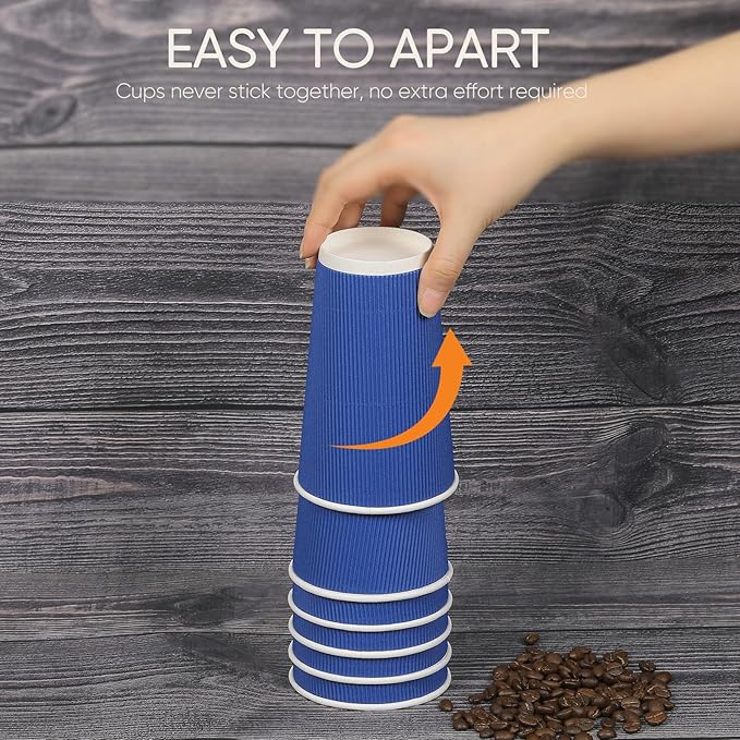 100 Pack 16 oz Disposable Coffee Cups with Lids and Straws, Insulated Ripple Wall To Go Paper Corrugated Cups, Bulk for Hot/Cold Drinks, Cafe Bar, Office, Chocolate, Cocoa (Navy)