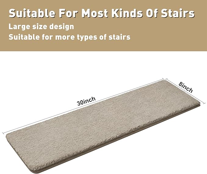 PURE ERA Carpet Stair Treads Ultra Plush 8" X 30" Soft Indoor Stair Protectors Pet-Friendly Non-Slip Skid Resistant Tape Free Washable Reusable(14 Pieces, Cream Gray)