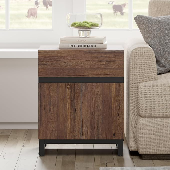 WAMPAT Modern End Table with 1 Drawer & 1 Storage Cabinet, Farmhouse Sofa Table with 2 Open Door, Wood Rustic Side End Table for Living Room, Nighstand for Bedroom, Brown