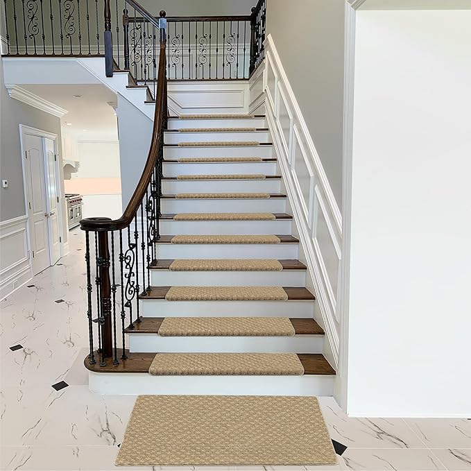 PURE ERA Bullnose Carpet Stair Treads Set Tape Free Non-Slip Indoor Stair Protectors Pet Friendly Rugs 9.5" x 30"(14 Pieces,Khaki Mini-Diamond Trellis)
