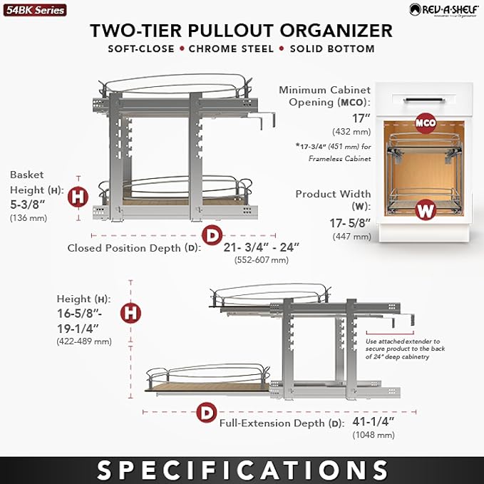 Rev-A-Shelf 2 Tier Pull Out Kitchen Cabinet Storage Organizer with Solid Bottom & Undermount Soft-Close Full Extension Slides, 54BK-18SC-2-1