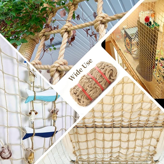 Jute Hemp Rope Net(6ftx18ft), Heavy Duty Natural Climbing Safety Rope Netting Balcony Stairs Fence Garden Playground Protection Net Indoor & Outdoor Decor Rope Net