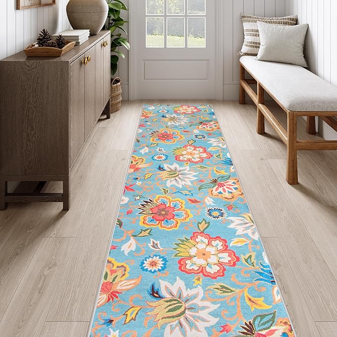 Beeiva Floral Washable Kitchen Runner, Vintage Colorful 2.5x10 Rug Runners for Hallways Non Slip Ultra Thin, Printed Distressed Laundry Room Carpet for Bedroom Bathroom