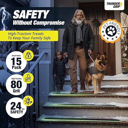 Grip Tape for Stairs 24" x 4" - 15-Pack Glow in the Dark Outdoor Stair Treads Non-Slip Weather Resistant - Anti Slip Tape for Exterior Wooden Steps - Waterproof 80-Grit Adhesive Treads by Thunder Grip