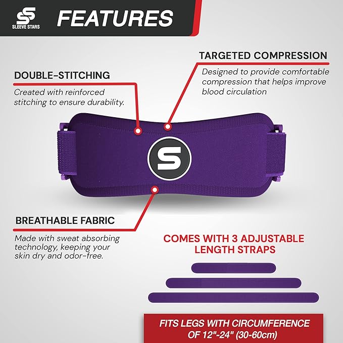 Sleeve Stars Swedish Brand Patellar Tendon Support Strap for Women & Men Effective Osgood Schlatter Knee Brace Youth & Kids Knee Brace with 3 Adjustable Length fits 12"-24" (Pair/Dark Purple/Adult)