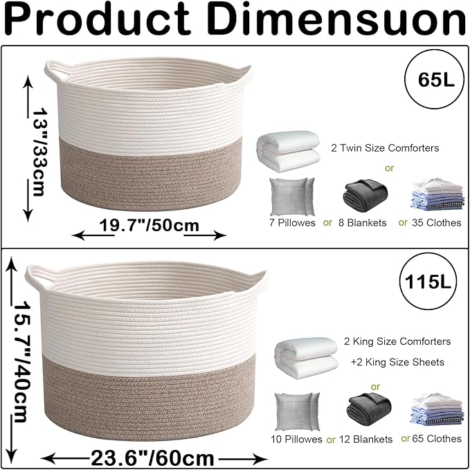 Large Storage Basket with Handle,23.6" x 23.6" x 15.7" Blanket Basket Storage Bins for Organizing,65L Cotton Rope Woven Baskets for Living Room, Nursery ,Bedroom,White&Brown