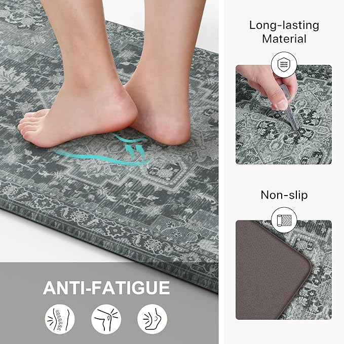 GENIMO Kitchen Mats for Floor 2PCs, Washable Anti Fatigue Mat for Cushioned, 17.3"x47"+17.3"x30", Waterproof Kitchen Rugs, Non Slip Comfort Standing Mat Rug for Home, Sink, Laundry, Dark Gray