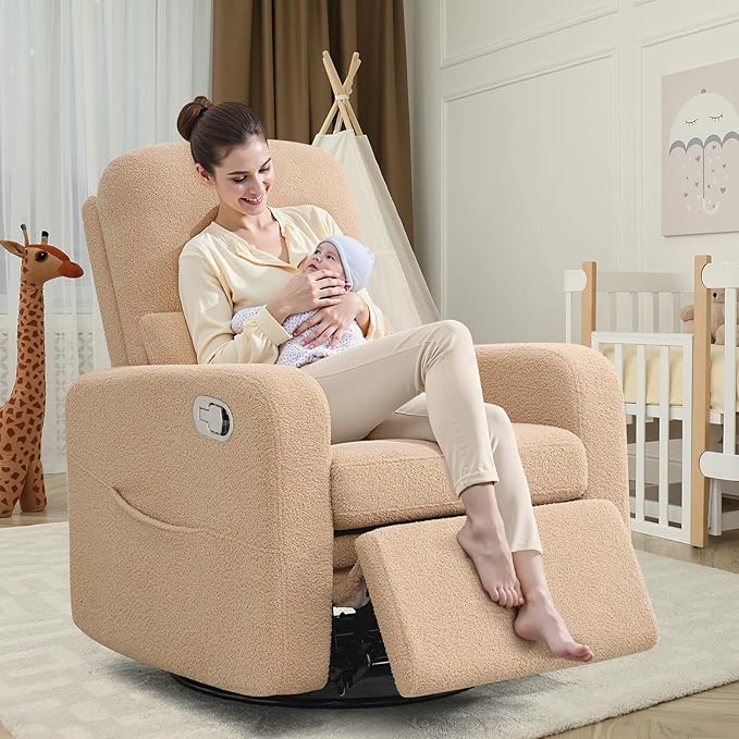 Swivel Rocker Recliner, Oversized Manual Boucle Nursery Glider Rocking Recliner Chair with Removable Cushion, Upholstered Swivel Reclining Chair for Nursery Living Room Bedroom,Teddy Camel