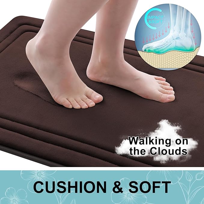 Grandaily Memory Foam Bath Mat Rug 24x16, Ultra Soft, Non-Slip and Absorbent Bathroom Rugs, Machine Wash Dry, Comfortable Bath Carpet for Bathroom Floor, Tub and Shower, Brown