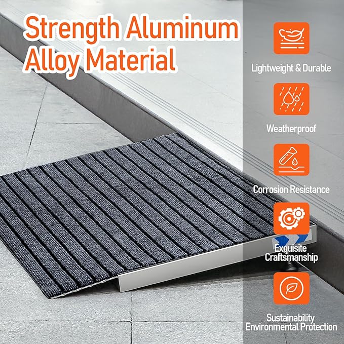 Threshold Ramp for Wheelchairs, 1.6-4.7" Rise and 24"×36" Platform Aluminum Wheelchair Ramp, Door Threshold Ramps with a Non-Slip Thick Door Mat