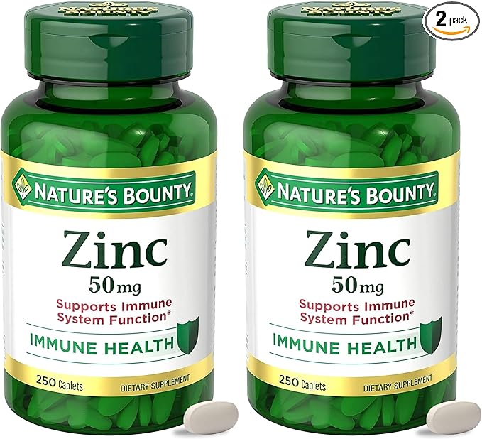 Nature’s Bounty Zinc 50mg, Immune Support & Antioxidant Supplement, Promotes Skin Health, 1 Caplet Per Day, Gluten Free, 250 Vegetarian Caplets (Pack of 2)
