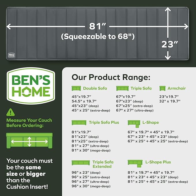 BEN'SHOME Heavy Duty Couch Cushion Support Board – Instantly Repair Sagging Long Sofa Seat | 23" x 68"-81" | .5" Furniture Grade Wood Under Cushions Insert, Anti-Slip, Extend Sofas & Couches Life