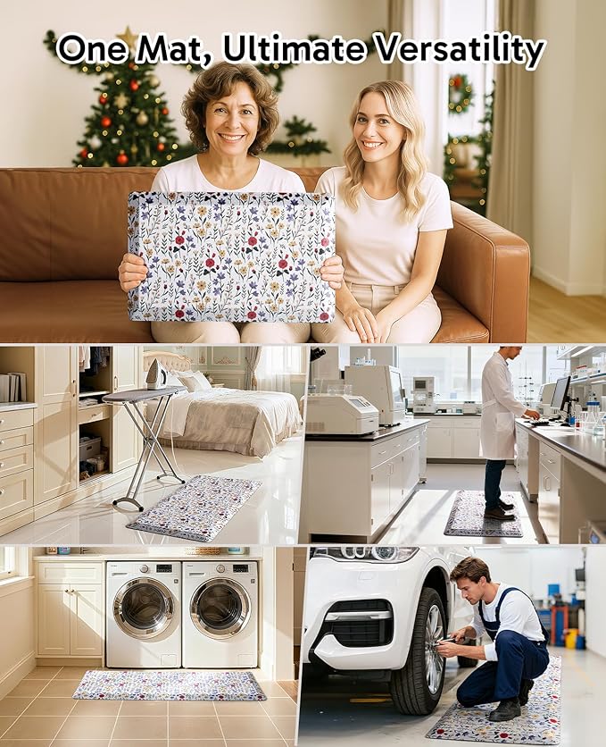 Ophanie Kitchen Mats for Floor, 3/4 inch Thick, 20x39 Anti Fatigue Cushioned Mat, Kitchen Rugs, Waterproof, Comfort Ergonomic Standing Mat for Office, Home, Sink, White Flower Non-Slip Ridged Bottom