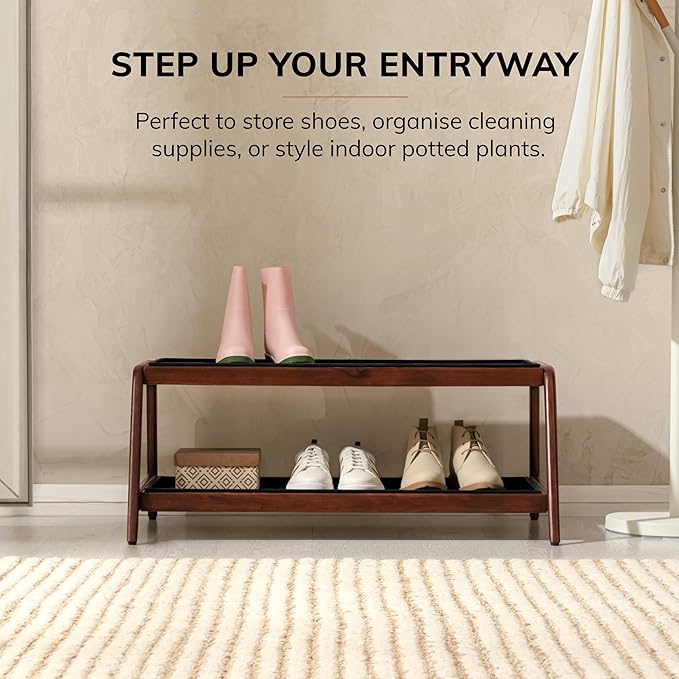 Anji Mountain Heavy Duty Waterproof Wooden Shoe Storage Mat Organizer/Boot Storage Tray Multi Use for Entryway with Coir, Tan and Black Trellis Insert, 2 Tier, Fits 6 Pair (36.5" Wide)