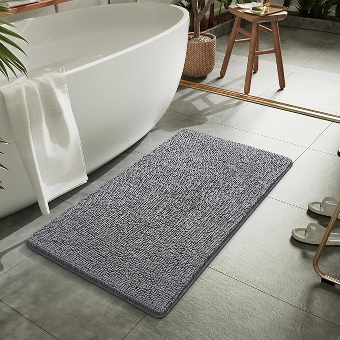 LOCHAS Luxury Bathroom Rug Shaggy Bath Mat 24 x 44 Inch, Washable Non Slip Bath Rugs for Bathroom Shower, Soft Plush Chenille Absorbent Carpets Mats, Gray
