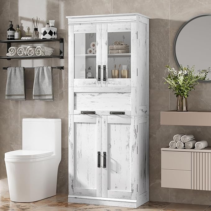 GarveeHome 67" Tall Bathroom Cabinet with 4 Doors & Flip Glass Drawer, Storage Cabinet with Adjustable Shelves, Freestanding Organizer for Kitchen, Living Room (Ivory)