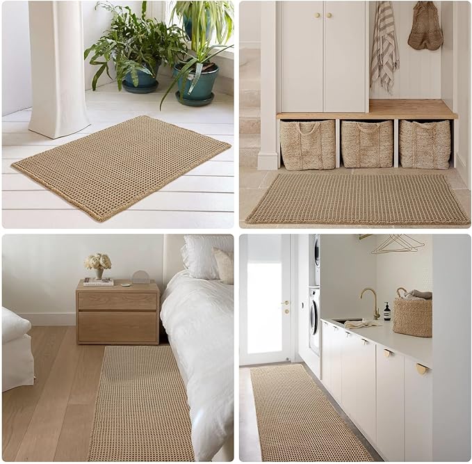 Waffle Bath Mat, Boho Bathroom Rugs Non Slip Washable Super Absorbent Quick Dry Farmhouse Bathroom Decor, 24"x16" / 1'4" x 2' Khaki