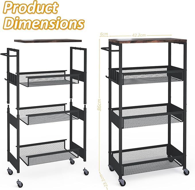 Slim Rolling Storage Cart, 4 Tier Metal Narrow Utility Cart with Handle and Wood Top, Multifunctional Small Mobile Shelf Unit Organizer Trolley for Laundry, Bathroom, Kitchen