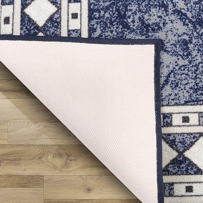 Antep Rugs Alfombras Modern Bordered 4x6 Non-Skid (Non-Slip) Low Profile Pile Rubber Backing Indoor Area Rugs (Navy Blue, 4' x 5'8")
